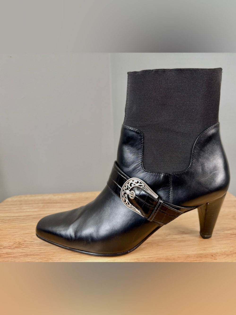 Brighton Black Leather Ankle Boot with Decorative Silver Buckle